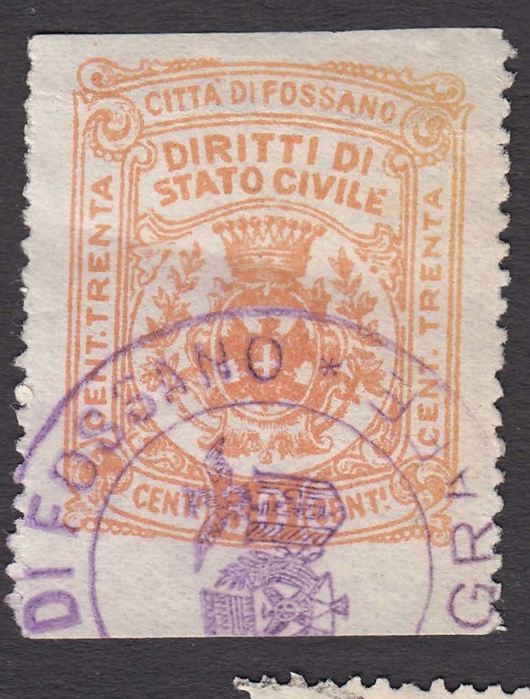 Marca da Bollo del Comune di FOSSANO su Carta Bianca di dimensioni 25 x 35 mm