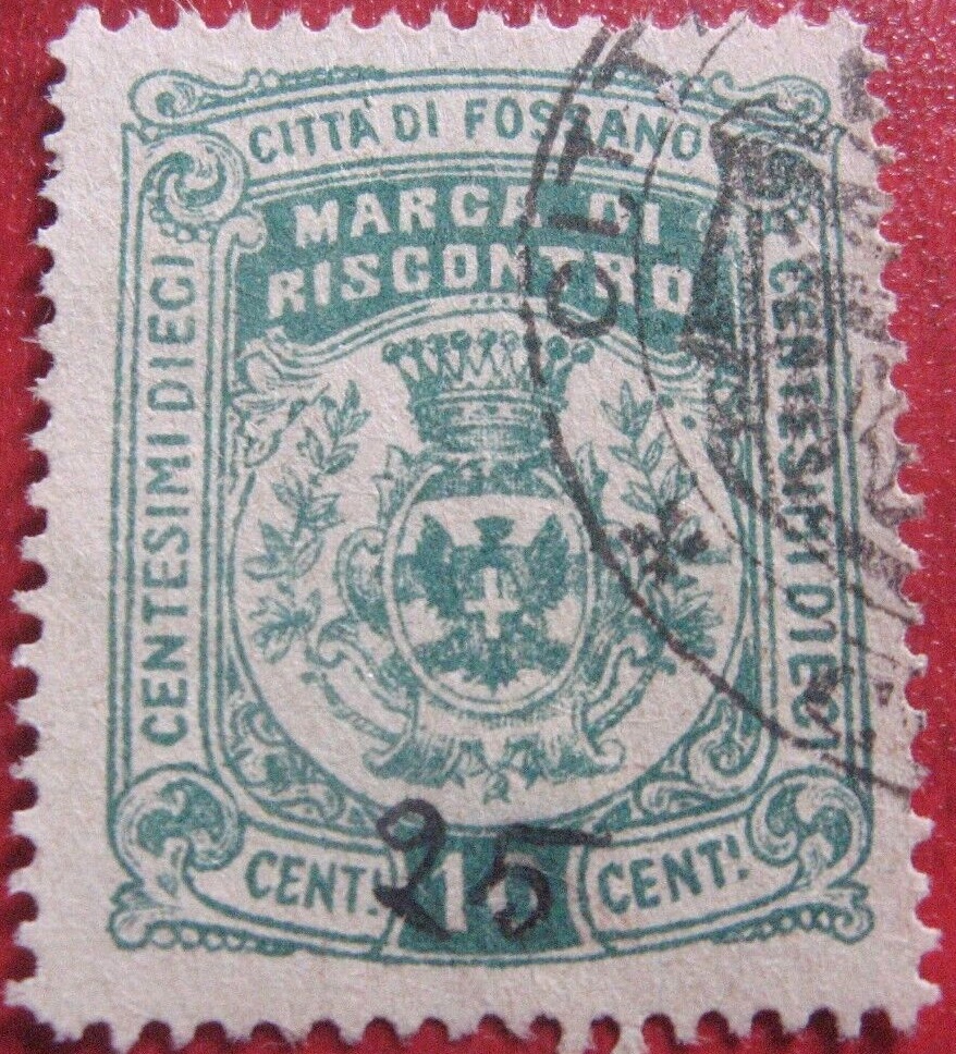Marca da Bollo del Comune di FOSSANO su Carta Bianca di dimensioni 25 x 35 mm