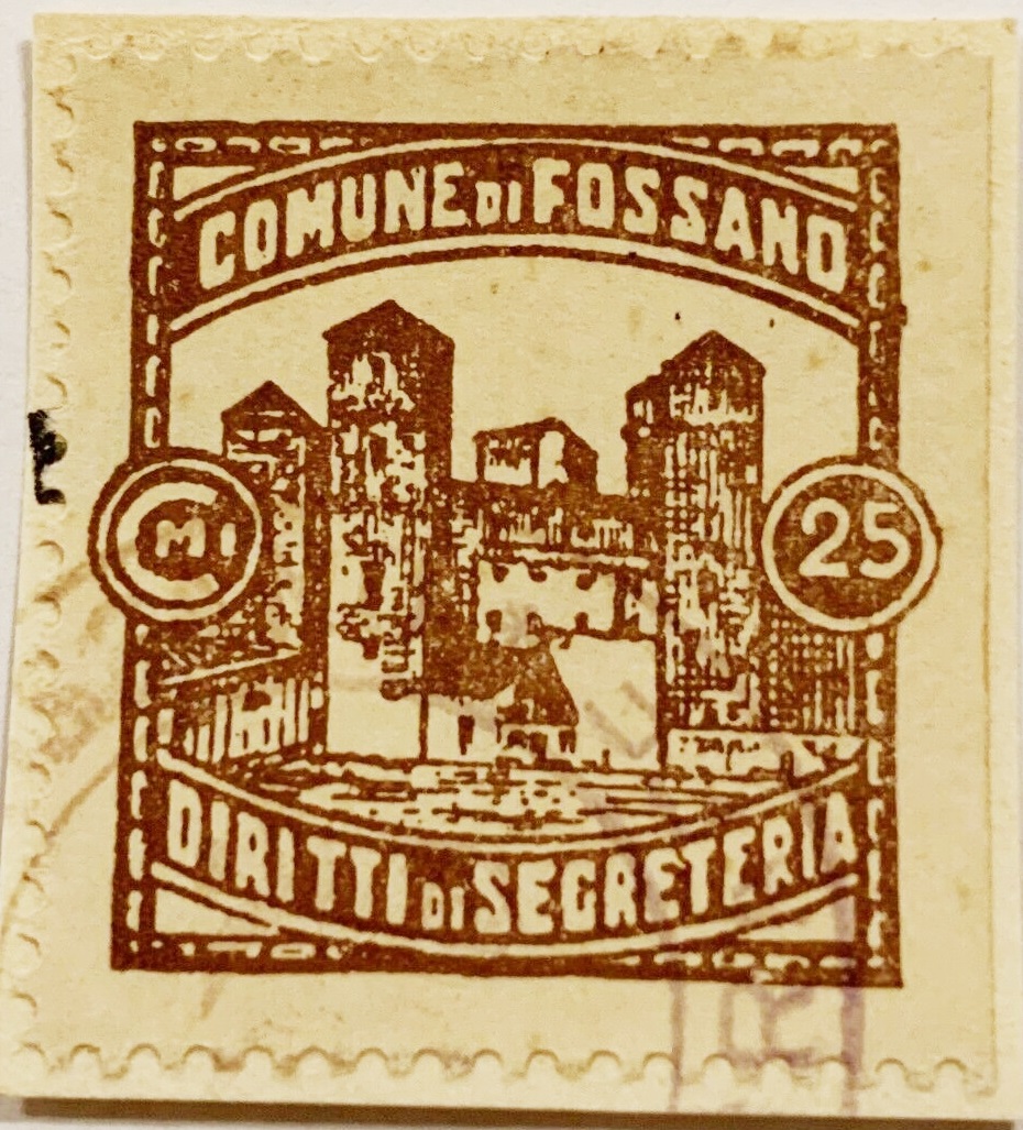 Marca da Bollo del Comune di FOSSANO su Carta Bianca Sottile di dimensioni 26 x 26 mm