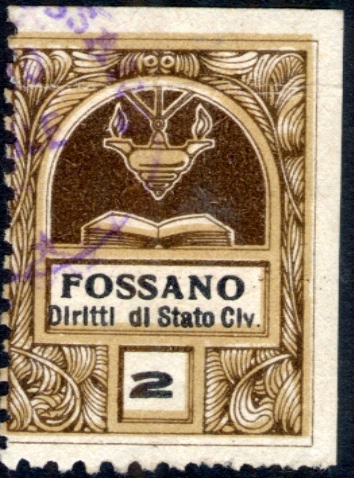 Marca da Bollo del Comune di FOSSANO su Carta Bianca Sottile di dimensioni 22,5 x 29 mm