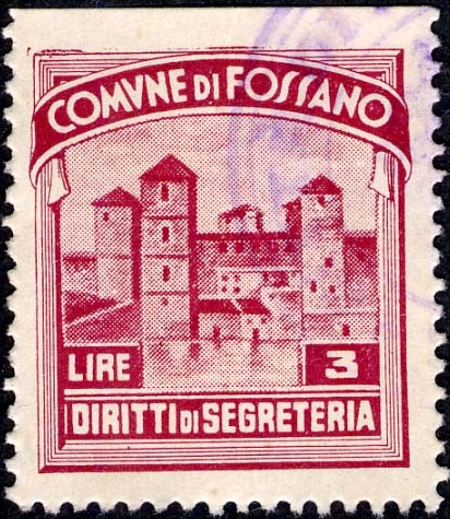 Marca da Bollo del Comune di FOSSANO su Carta Bianca di dimensioni 22 x 25,5 mm