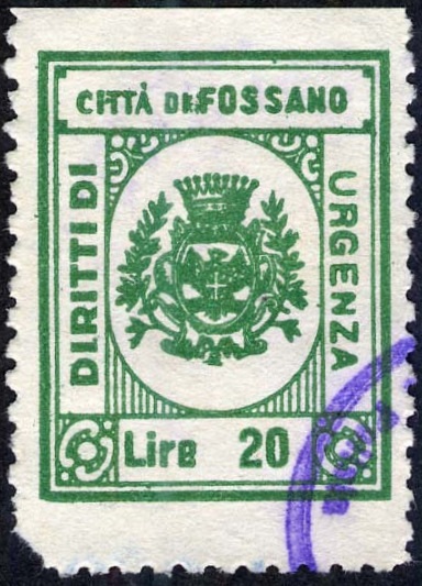 Marca da Bollo del Comune di FOSSANO su Carta Bianca di dimensioni 22 x 28 mm