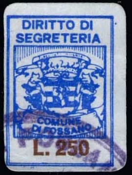 Marca da Bollo del Comune di FOSSANO su Carta Bianca di dimensioni 14 x 19,5 mm