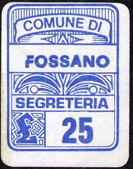Marca da Bollo del Comune di FOSSANO su Carta Bianca di dimensioni 15,5 x 20,5 mm