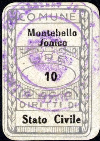 Marca da Bollo del Comune di MONTEBELLO JONICO su Carta Bianca di dimensioni 19 x 23 mm