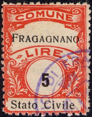 Marca da Bollo del Comune di FRAGAGNANO su Carta Bianca Sottile di dimensioni 22,5 x 29 mm