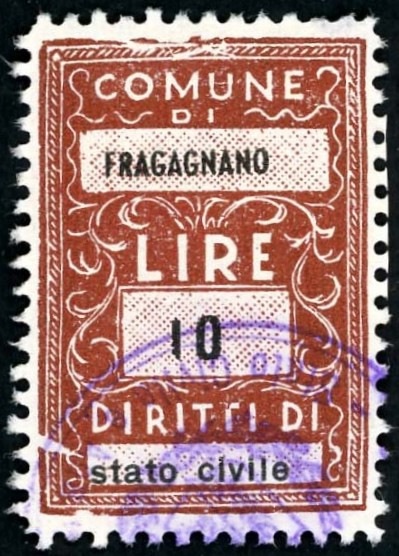 Marca da Bollo del Comune di FRAGAGNANO su Carta Bianca Sottile di dimensioni 22 x 32 mm