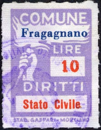 Marca da Bollo del Comune di FRAGAGNANO su Carta Bianca di dimensioni 18,5 x 25,5 mm