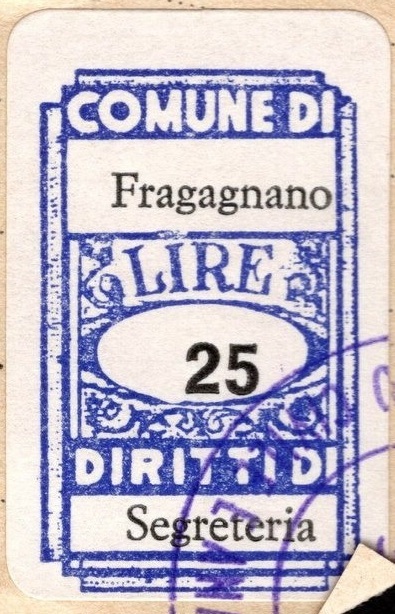 Marca da Bollo del Comune di FRAGAGNANO su Carta Bianca di dimensioni 18 X 30 mm