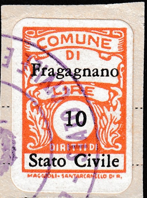 Marca da Bollo del Comune di FRAGAGNANO su Carta Bianca di dimensioni 13,5 x 20 mm