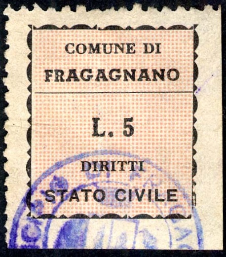 Marca da Bollo del Comune di FRAGAGNANO su Carta Bianca di dimensioni 22 x23 mm