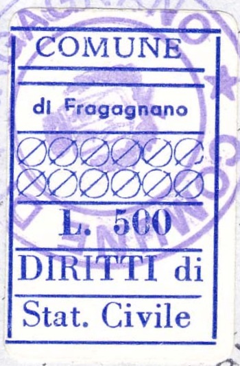 Marca da Bollo del Comune di FRAGAGNANO su Carta Bianca di dimensioni 19 x 26,5 mm