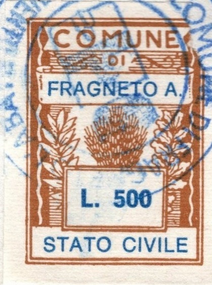 Marca da Bollo del Comune di FRAGNETO L´ABATE su Carta Bianca di dimensioni 21 X 27 mm