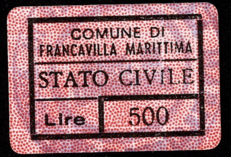 Marca da Bollo del Comune di FRANCAVILLA MARITTIMA su Carta Bianca di dimensioni 22 x 15 mm