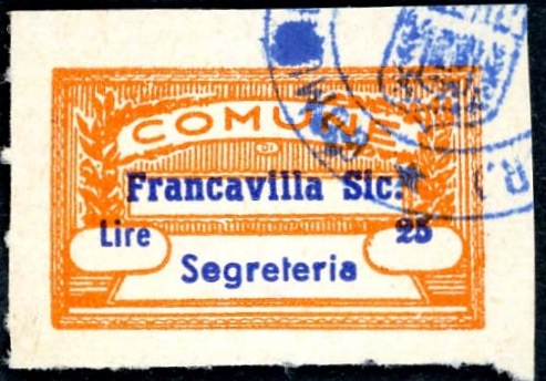 Marca da Bollo del Comune di FRANCAVILLA DI SICILIA su Carta Bianca di dimensioni mm