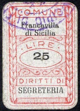 Marca da Bollo del Comune di FRANCAVILLA DI SICILIA su Carta Bianca di dimensioni 20 x 30 mm