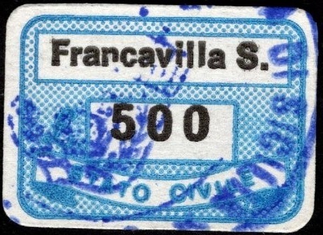 Marca da Bollo del Comune di FRANCAVILLA DI SICILIA su Carta Bianca di dimensioni 20 x 14 mm
