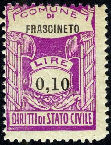 Marca da Bollo del Comune di FRASCINETO su Carta Bianca Sottile di dimensioni 19,5 x 28 mm