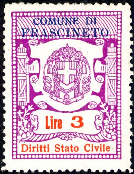 Marca da Bollo del Comune di FRASCINETO su Carta Bianca di dimensioni 26 x 35 mm