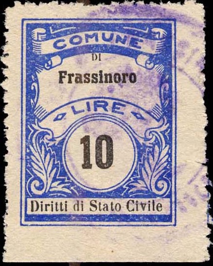 Marca da Bollo del Comune di FRASSINORO su Carta Bianca Sottile di dimensioni 22,5 x 30 mm