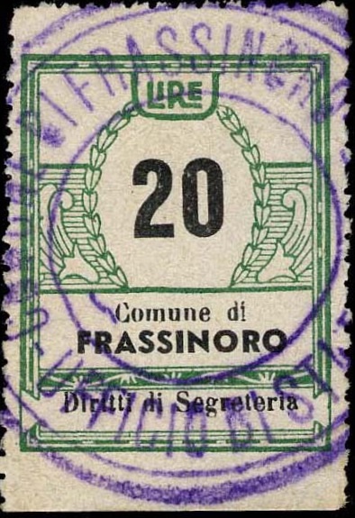 Marca da Bollo del Comune di FRASSINORO su Carta Bianca di dimensioni 23 X 30 mm