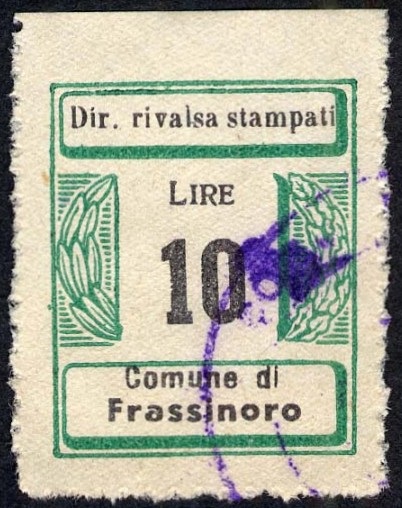 Marca da Bollo del Comune di FRASSINORO su Carta Bianca di dimensioni 21 x 26,5 mm