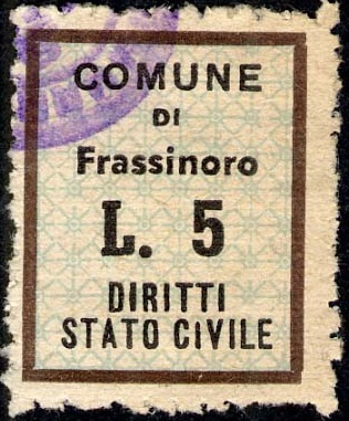 Marca da Bollo del Comune di FRASSINORO su Carta Bianca di dimensioni 17,5 x 22 mm