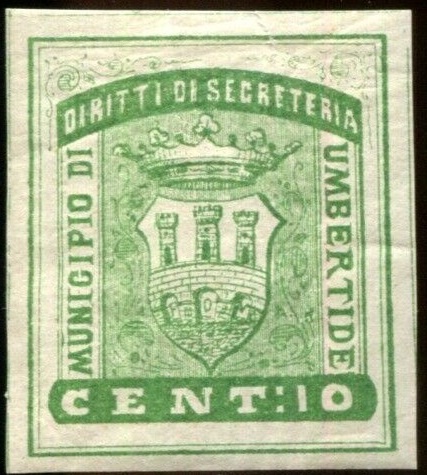 Marca da Bollo del Comune di UMBERTIDE su Carta Bianca Sottile di dimensioni 26 x 29,5 mm