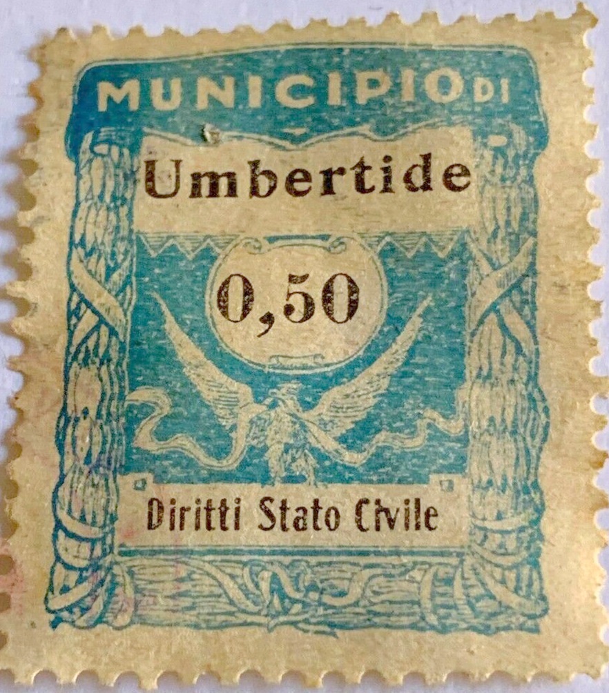 Marca da Bollo del Comune di UMBERTIDE su Carta Bianca di dimensioni 21 X 27 mm