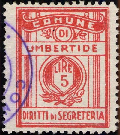 Marca da Bollo del Comune di UMBERTIDE su Carta Bianca di dimensioni 20 x 27 mm