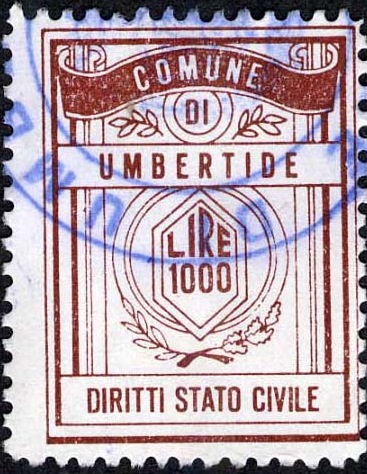 Marca da Bollo del Comune di UMBERTIDE su Carta Bianca di dimensioni 22 x 29 mm