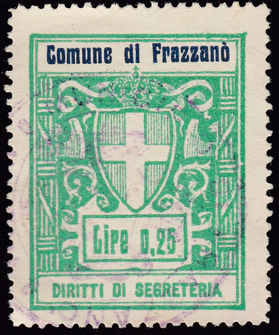 Marca da Bollo del Comune di FRAZZANO su Carta Bianca di dimensioni 27,5 x 35,5 mm