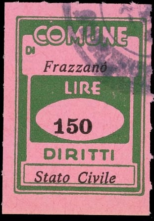 Marca da Bollo del Comune di FRAZZANO su Carta Colorata di dimensioni 18,5 x 25 mm