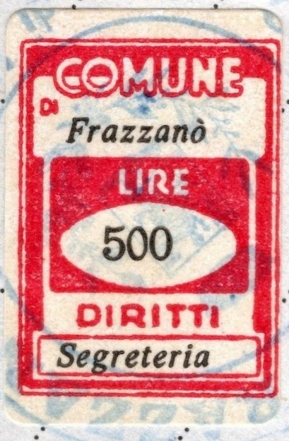 Marca da Bollo del Comune di FRAZZANO su Carta Bianca di dimensioni 16 x 23 mm