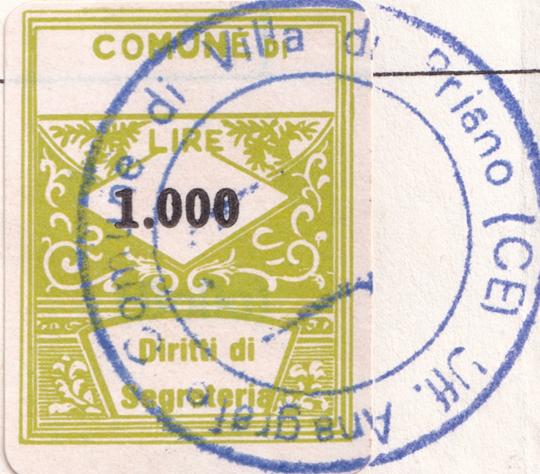 Marca da Bollo del Comune di VILLA DI BRIANO su Carta Bianca di dimensioni 21,5 x 23 mm