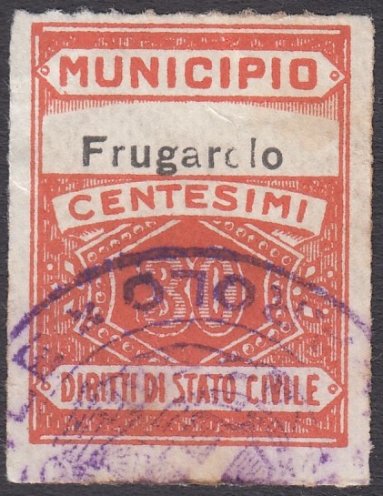 Marca da Bollo del Comune di FRUGAROLO su Carta Bianca Sottile di dimensioni 22 x 29 mm