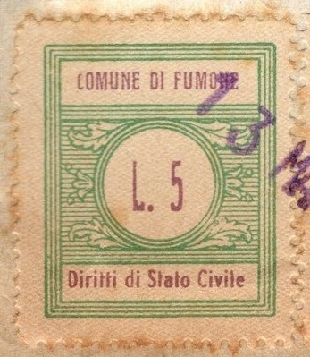Marca da Bollo del Comune di FUMONE su Carta Bianca di dimensioni 22 x 26 mm