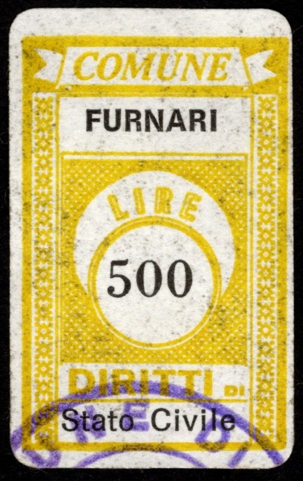 Marca da Bollo del Comune di FURNARI su Carta Bianca di dimensioni 16 x 23 mm