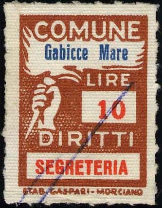 Marca da Bollo del Comune di GABICCE MARE su Carta Bianca di dimensioni 18,5 x 25,5 mm