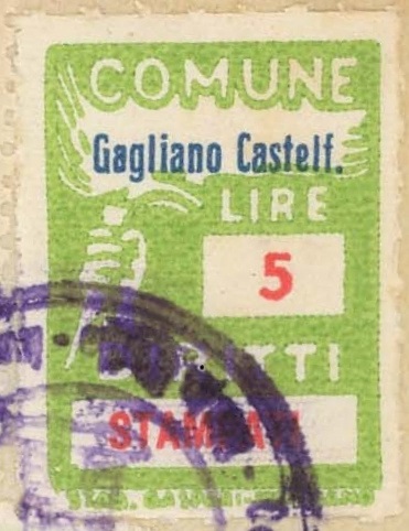 Marca da Bollo del Comune di GAGLIANO CASTELFERRATO su Carta Bianca Sottile di dimensioni 18,5 x 26 mm