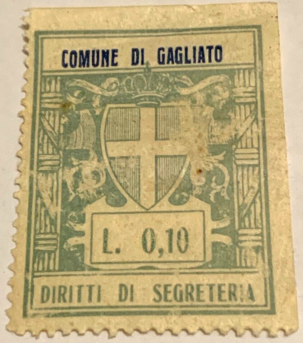 Marca da Bollo del Comune di GAGLIATO su Carta Cannella di dimensioni 23 x 29 mm
