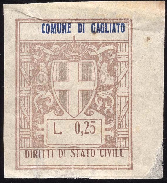 Marca da Bollo del Comune di GAGLIATO su Carta Cannella di dimensioni 23 x 29 mm