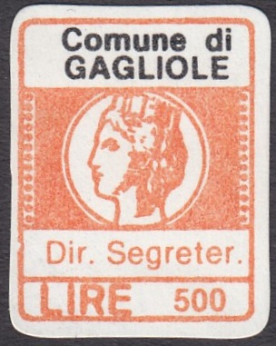 Marca da Bollo del Comune di GAGLIOLE su Carta Bianca di dimensioni 15,5 x 20 mm