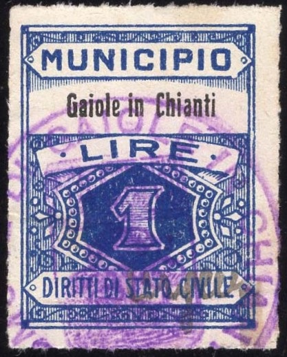 Marca da Bollo del Comune di GAIOLE IN CHIANTI su Carta Bianca di dimensioni 22,5 x 29 mm