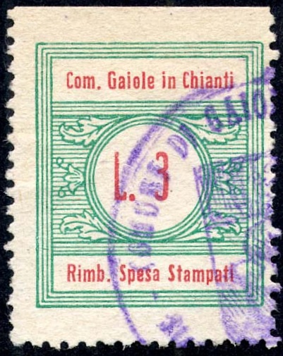 Marca da Bollo del Comune di GAIOLE IN CHIANTI su Carta Bianca di dimensioni 22 x 25,5 mm