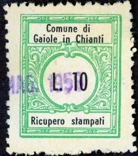 Marca da Bollo del Comune di GAIOLE IN CHIANTI su Carta Bianca di dimensioni 21,5 x 25,5 mm