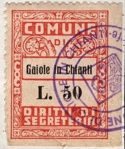 Marca da Bollo del Comune di GAIOLE IN CHIANTI su Carta Bianca di dimensioni 22 x 29 mm