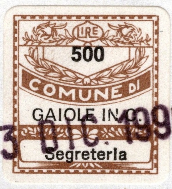 Marca da Bollo del Comune di GAIOLE IN CHIANTI su Carta Bianca di dimensioni 20 x 20 mm