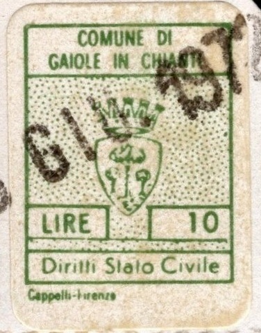 Marca da Bollo del Comune di GAIOLE IN CHIANTI su Carta Bianca di dimensioni 15 x 22 mm