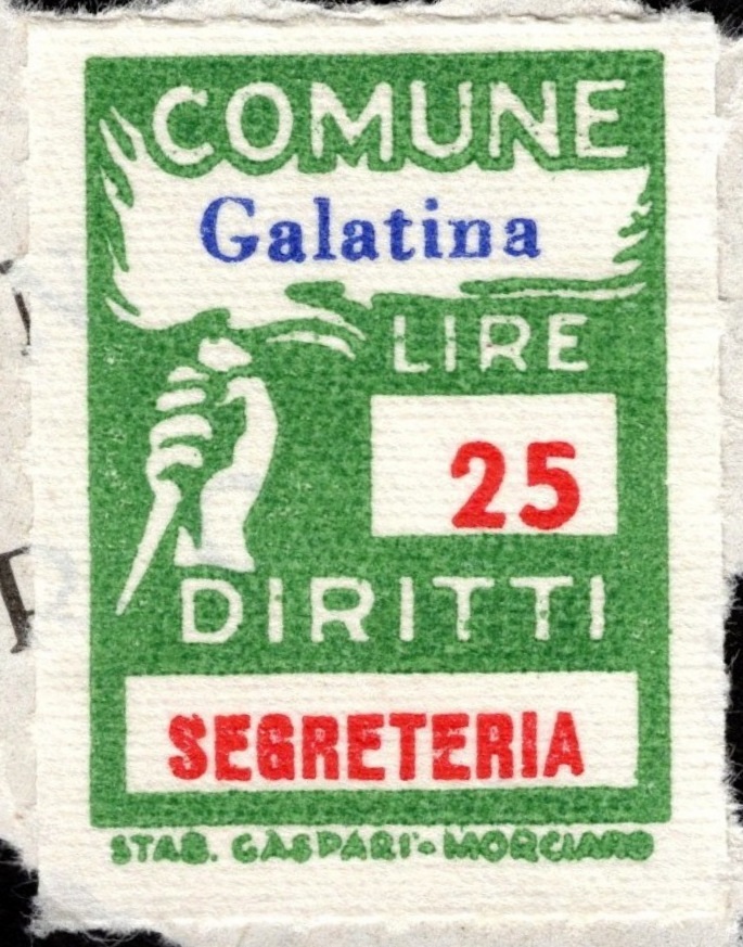 Marca da Bollo del Comune di GALATINA su Carta Bianca Sottile di dimensioni 18,5 x 26,5 mm